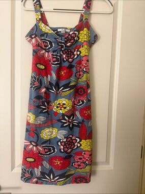 Boden Blue Floral Midi Dress with Pink, Red and Yellow Detail